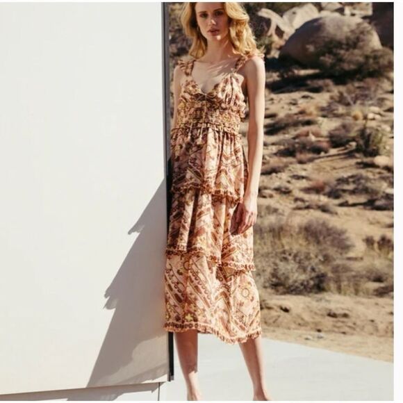 Cleobella Stella Midi Dress in Geo Print Brown Neutral Ruffle Size S / Pristine - Picture 2 of 9